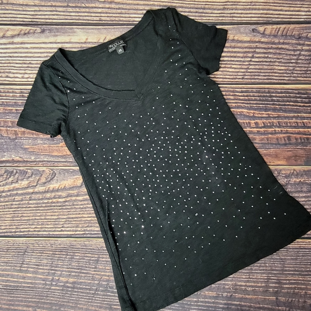 XS Black Short Sleeve Top with Silver Stud Embellishments. Nollie.